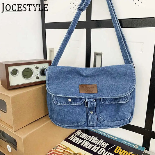 Women Denim Crossbody Bag Casual Large Capacity Shoulder Bag Vintage Solid Color Messenger Bag Multi-Pockets Zipper Commute Bag