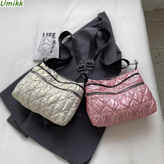 Women's Quilted Puffer Shoulder Bags Large Capacity Messenger Bag Solid Color Lightwight Nylon Satchel Ladies Daily Commute Bags