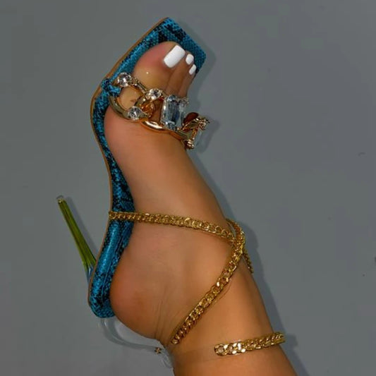 Women Gladiator Rhinestone Sandals Cross-strap Gold Chain Strappy Bright Diamond PVC Snake Print High Heels Open Toe Shoes