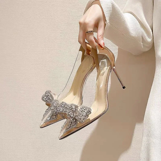 Sexy Transparent Wpmens Pumps Rhinestone Butterfl-knot Pointed Toe Pumps Wedding High Heels Spring Summer Shoes