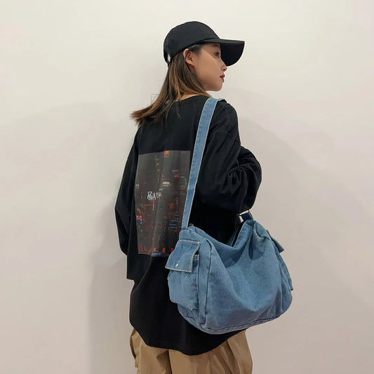 Women Denim Tote Bag Large Capacity Top Handle Bag Strap Adjustable Crossbody Sling Bag Vintage Messenger Bag Casual Shopper Bag
