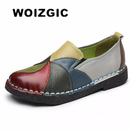 WOIZGIC Women's Ladies Female Woman Mother Shoes Flats Genuine Leather Loafers Moccasins Mixed Colorful Non Slip On Plus Size 42